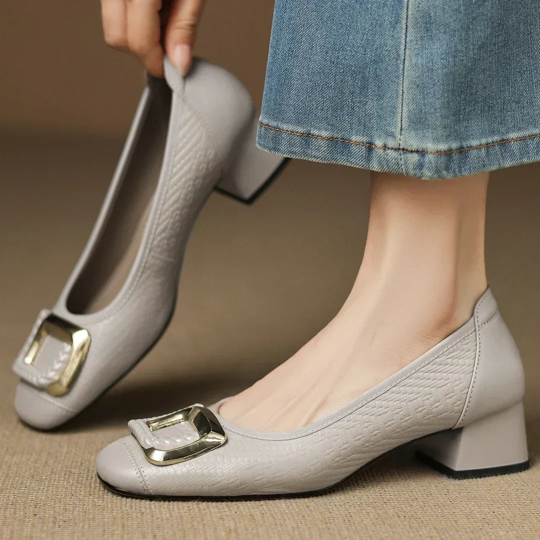 Novalisse heels in gray, worn with jeans, close side view
