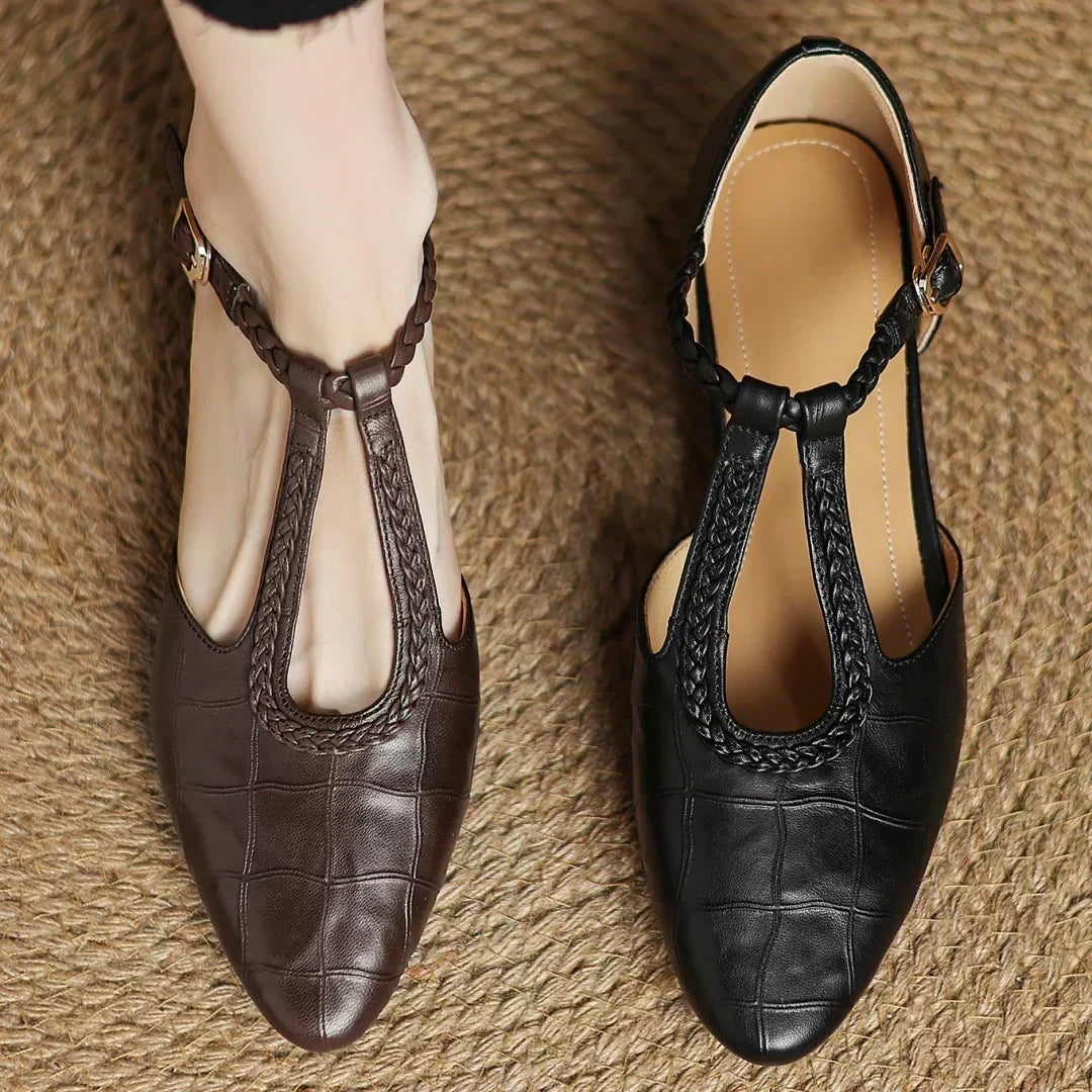 Evelyn Mary Janes in brown and black, top view of both colours
