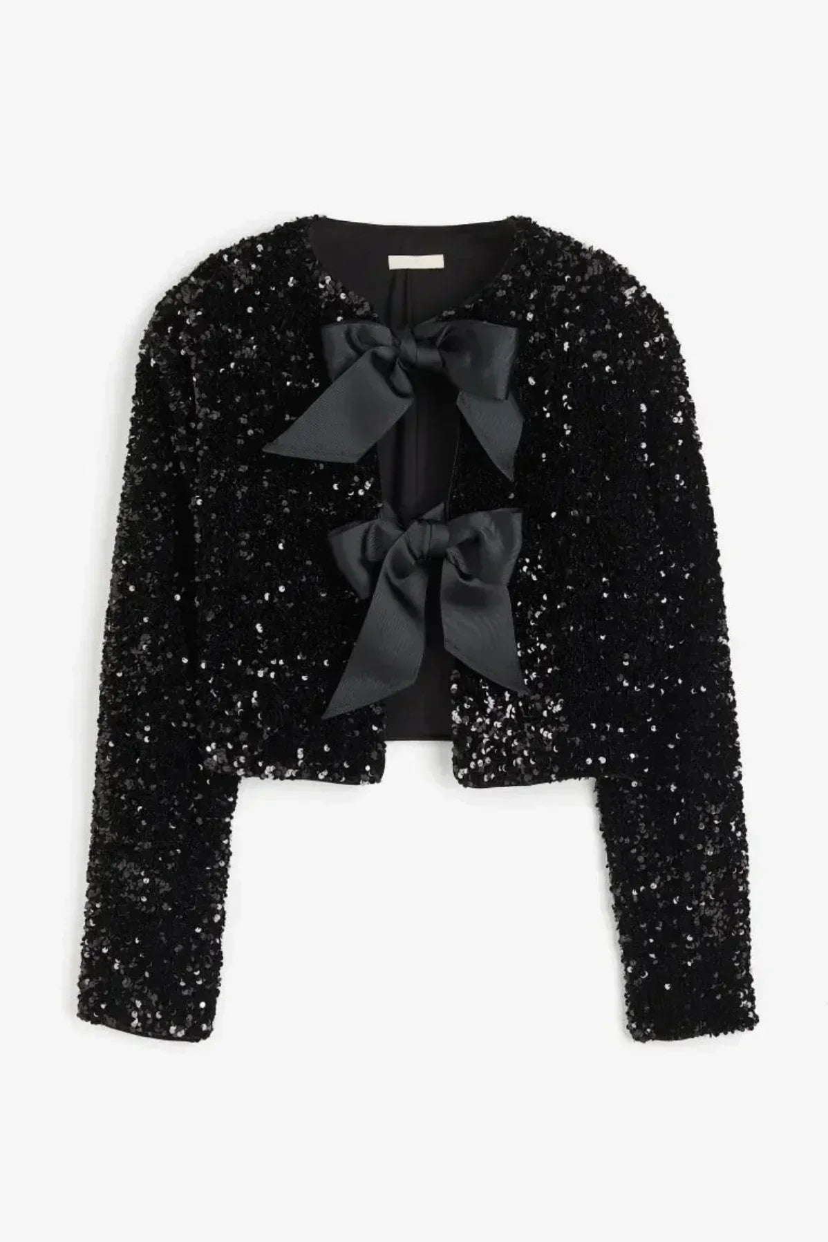 Anwen bow-detail sequin blouse in black, product front view