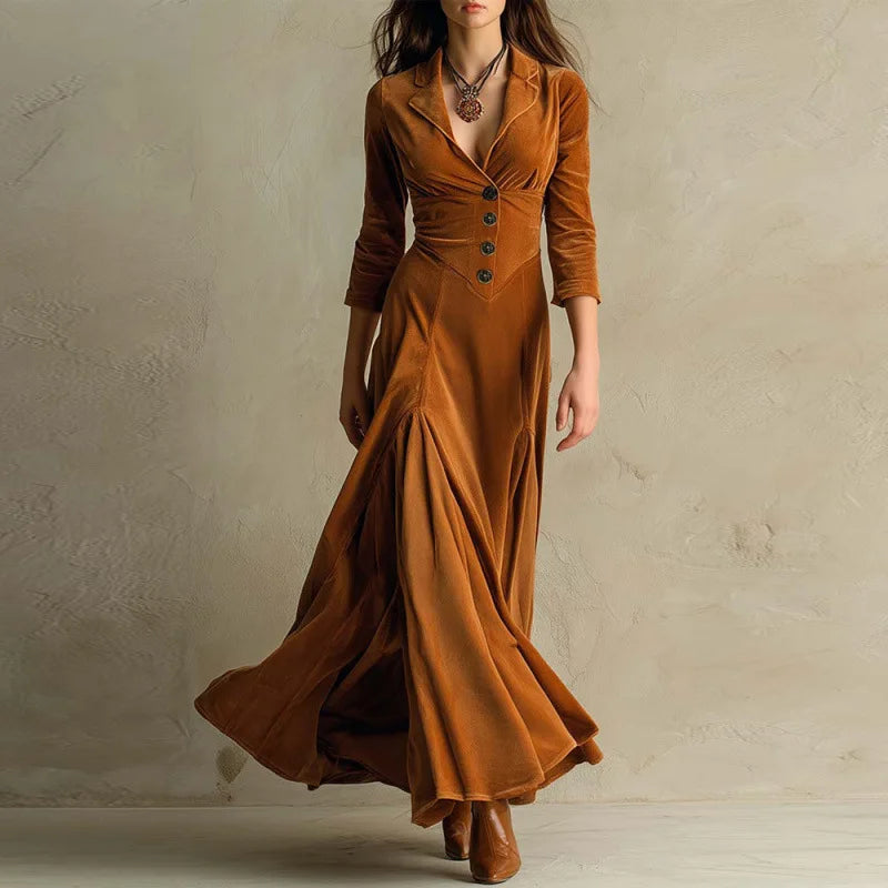 Marlow velvet maxi dress in caramel brown, full-length front view