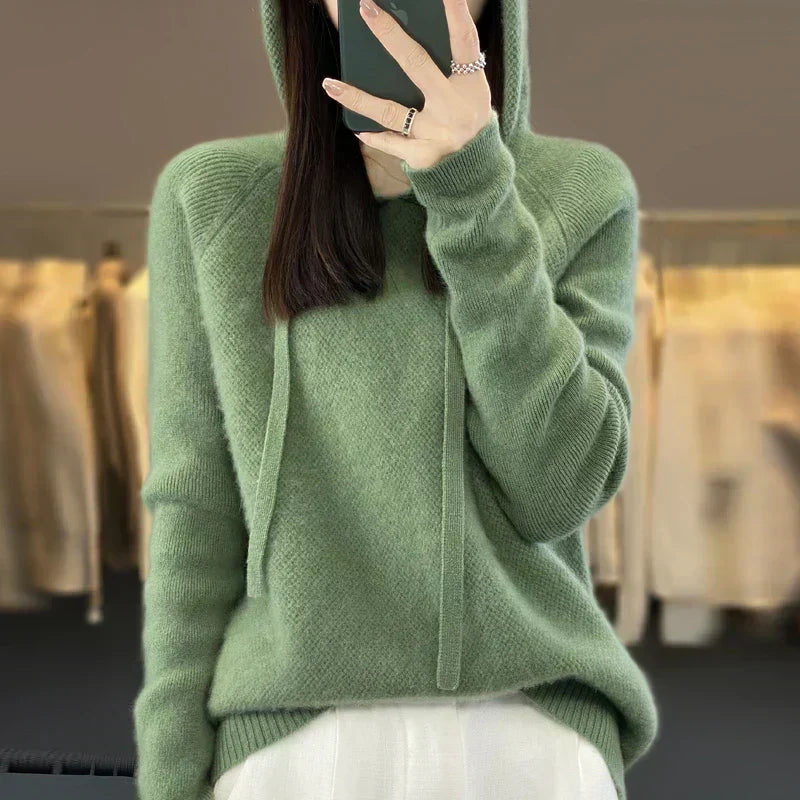 Rynlei hooded knit sweater in green, front view