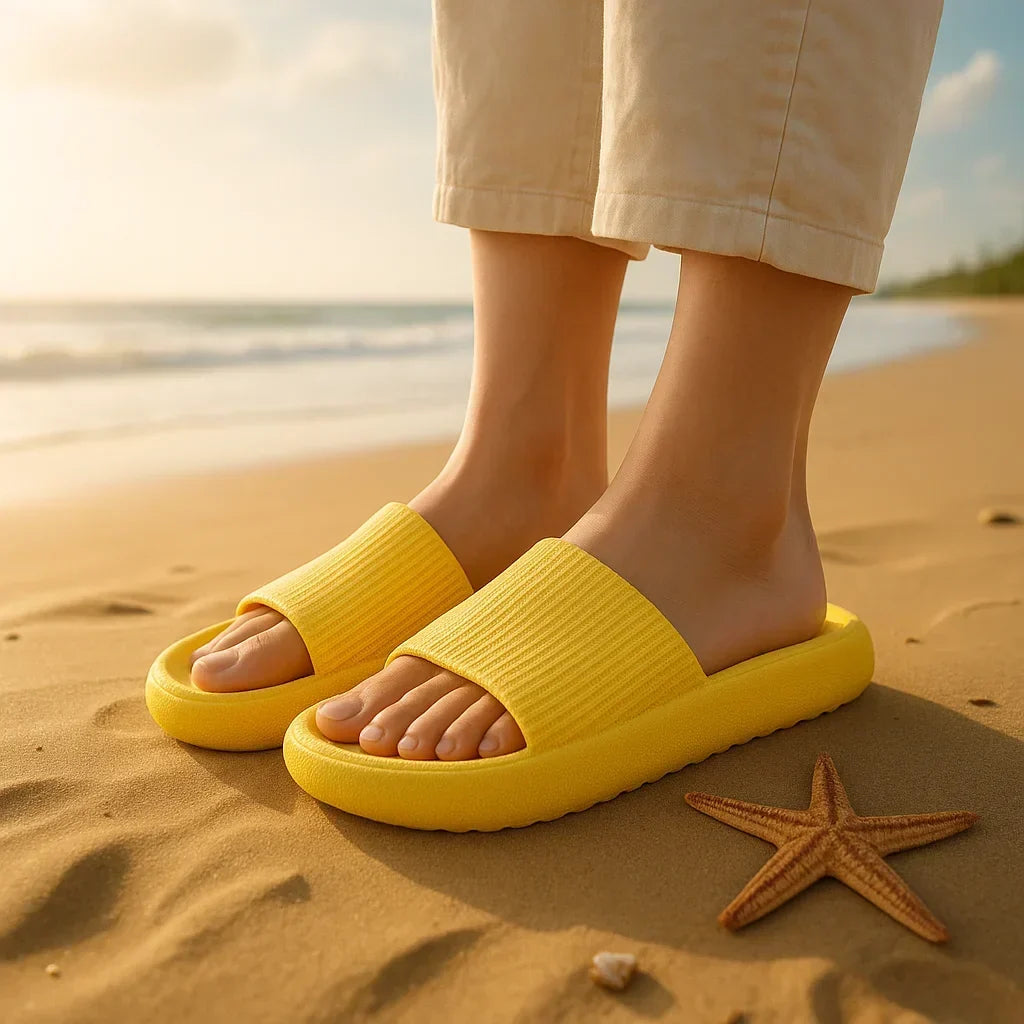 Platform slide slippers in yellow, worn on sand, side view
