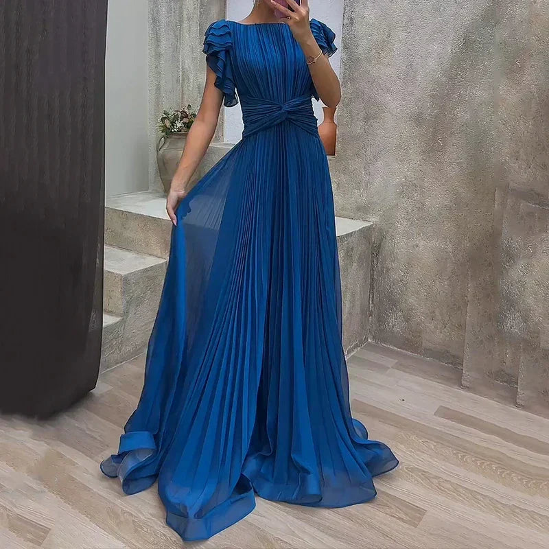 Selena evening gown in blue, full-length front view