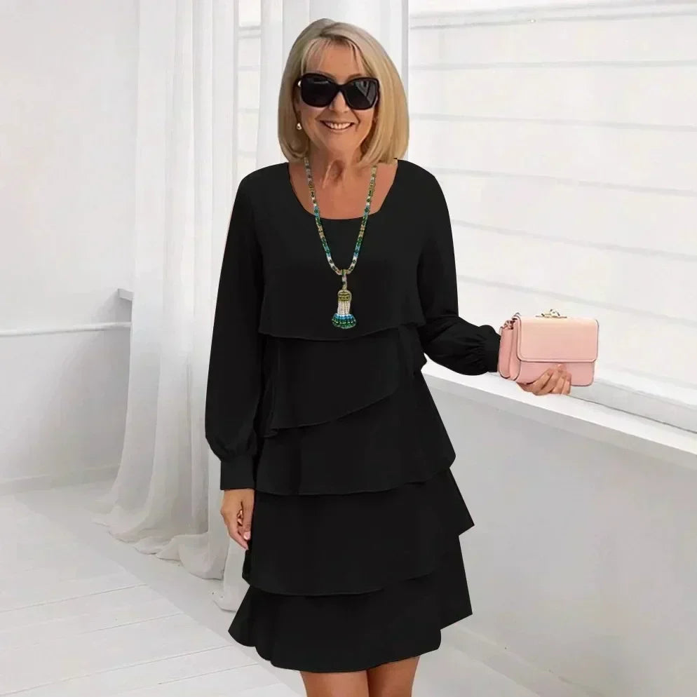 Margaret ruffle tiered dress in black, full-length front view