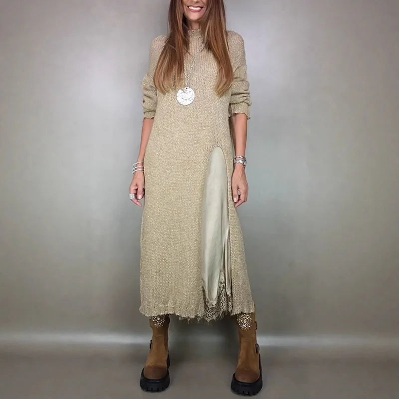 Evalina knit and lace two-piece set in khaki, full-length front view