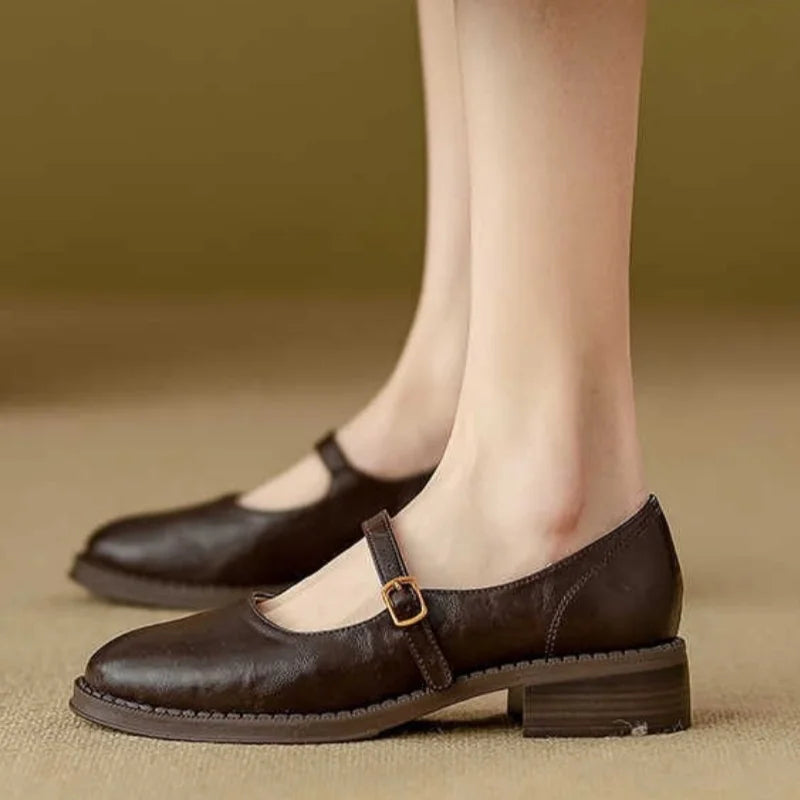 Dorvanna Mary Janes in brown, worn front view on the feet