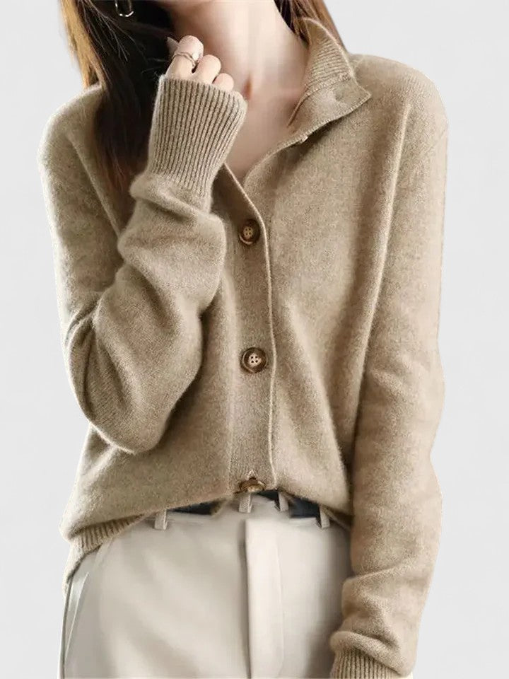 Mireille button-up cardigan in khaki, front view with folded collar