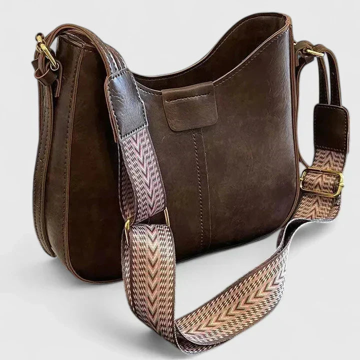 Verena shoulder bag in dark brown with patterned strap, front angle
