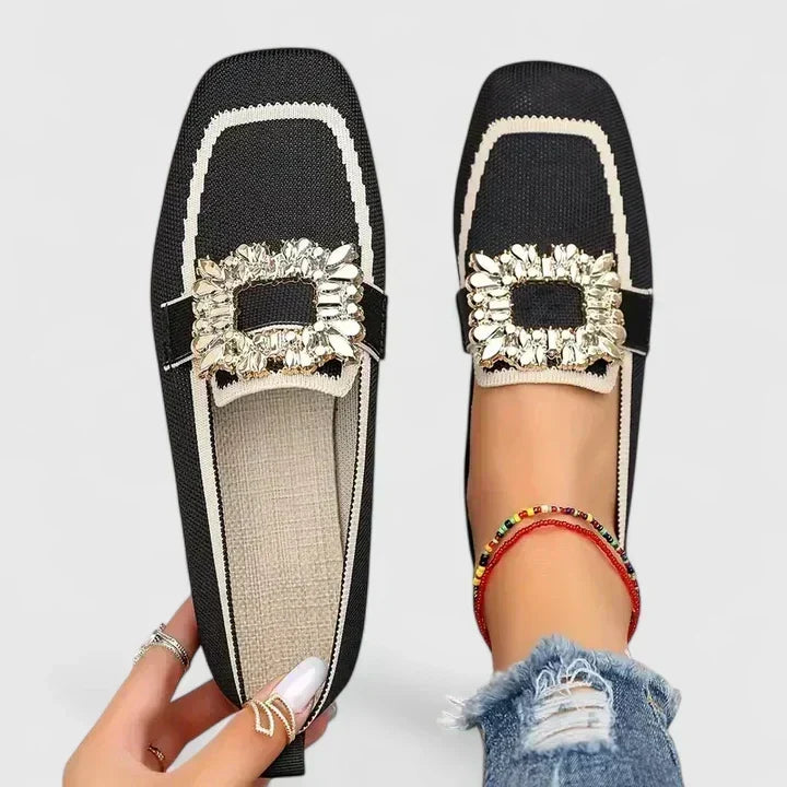 Grace loafers in black with cream trim and jewelled buckle