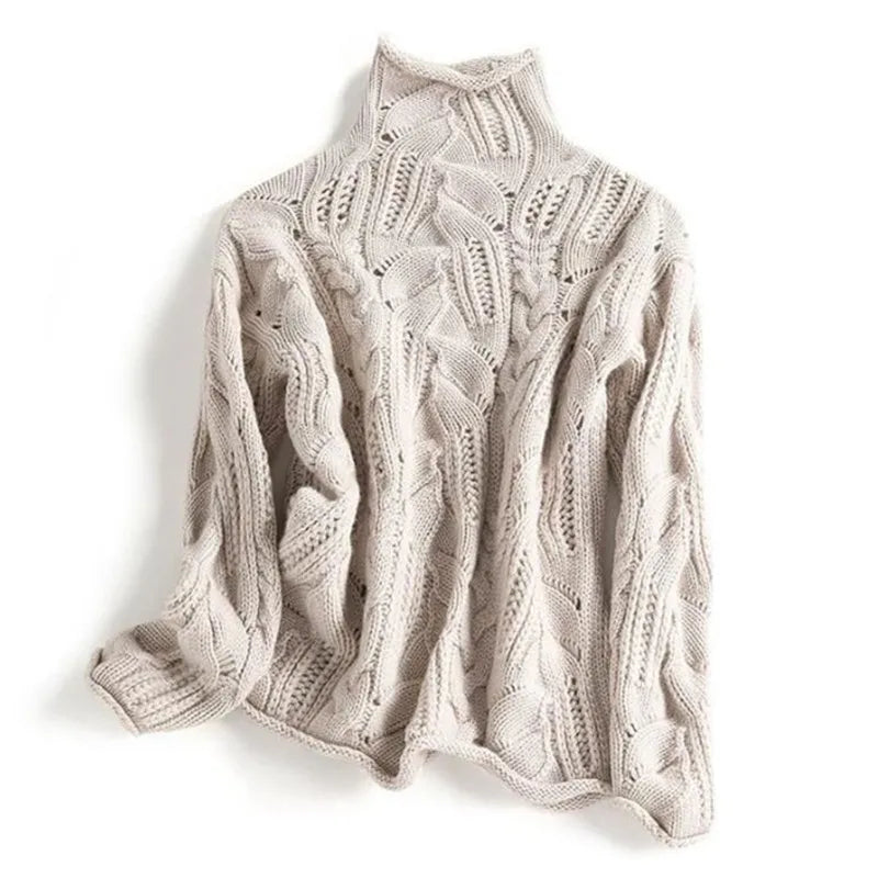 Nivora cable-knit turtleneck sweater in beige, front view