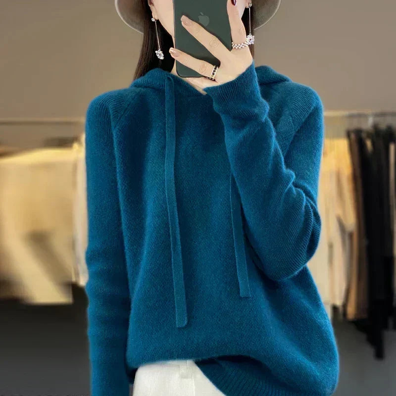 Rynlei hooded knit sweater in navy blue, front view