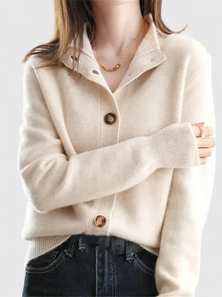 Mireille button-up cardigan in apricot, front view with ribbed cuffs