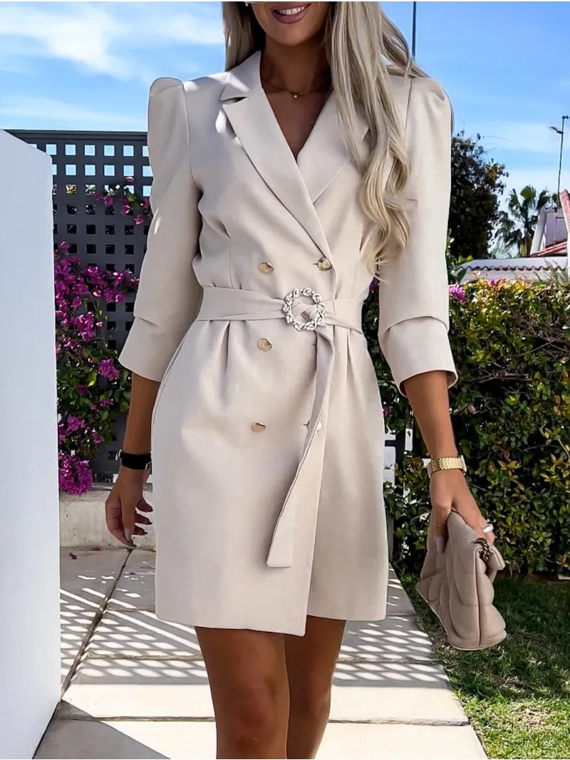 Marcelline blazer dress in khaki beige, full-length front view