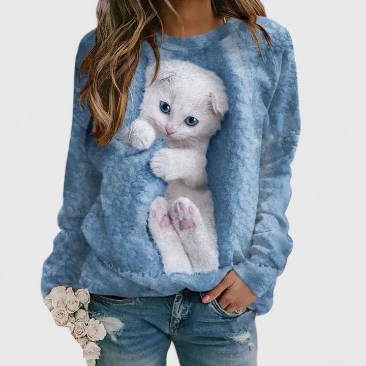 Kellie sweatshirt in blue with white kitten print, front view