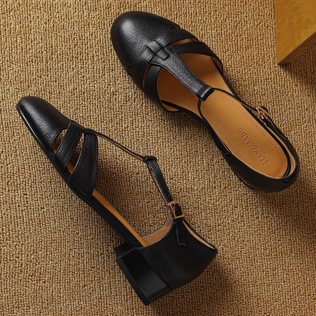 Joan T-bar flats in black, pair seen from above