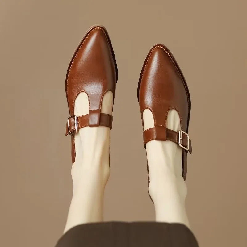 Leomara pointed T-strap heels in brown, top view