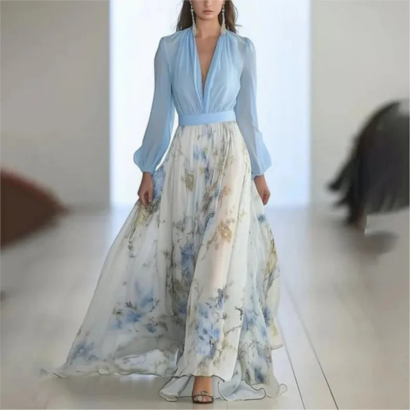 Morwenna floral print long dress in light blue and white, full-length front view