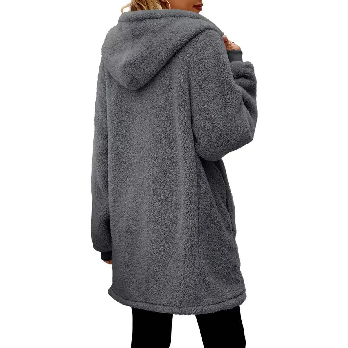 Lottie hooded fleece jacket in dark grey, back view with hood