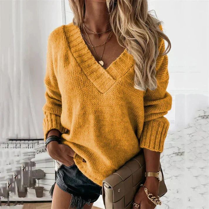 Veylinne knitted jumper in yellow, front view worn with denim shorts