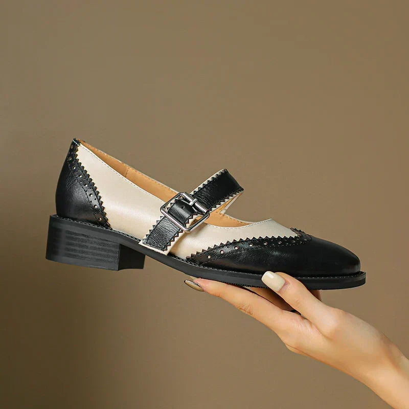 Lumerra Mary Jane shoe in black and cream, side profile