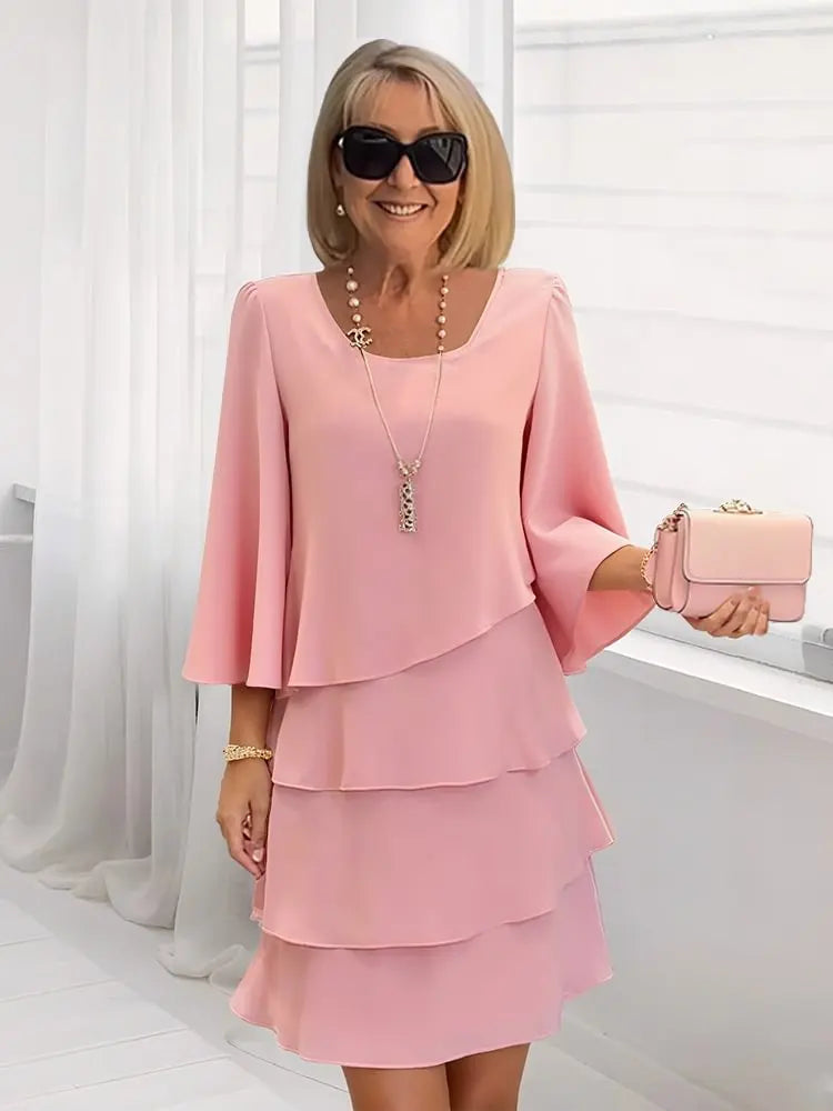 Catherine elegant comfort ruffle dress in pink, full-length front view