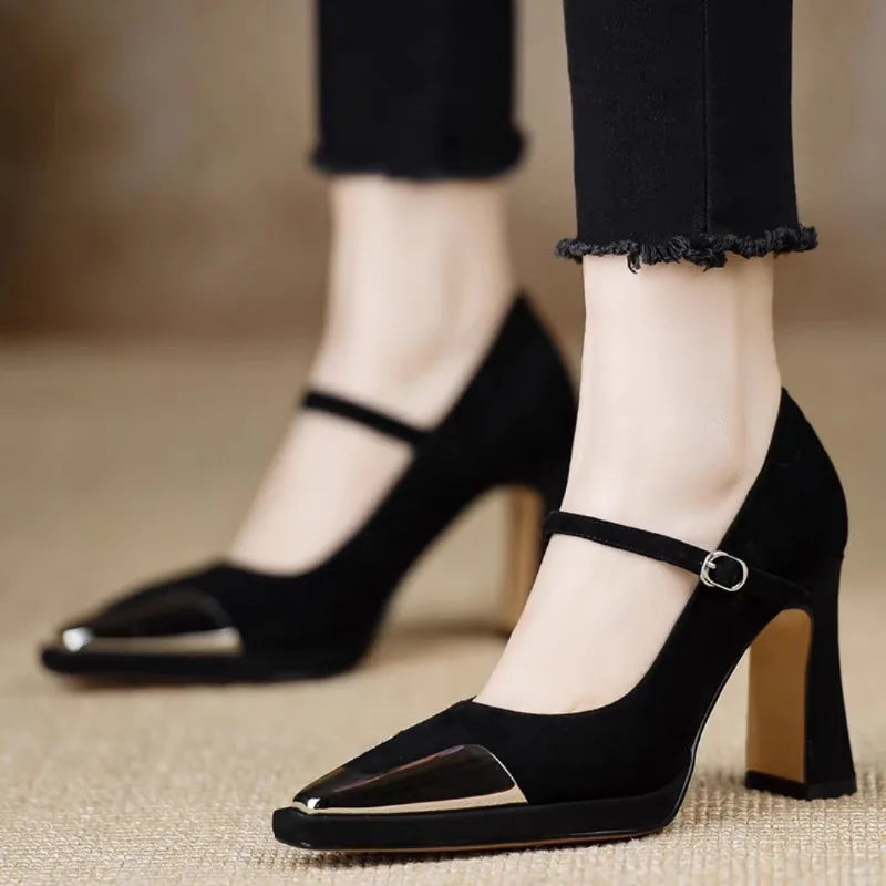 Orvanna Mary Jane heels in black, worn with black jeans