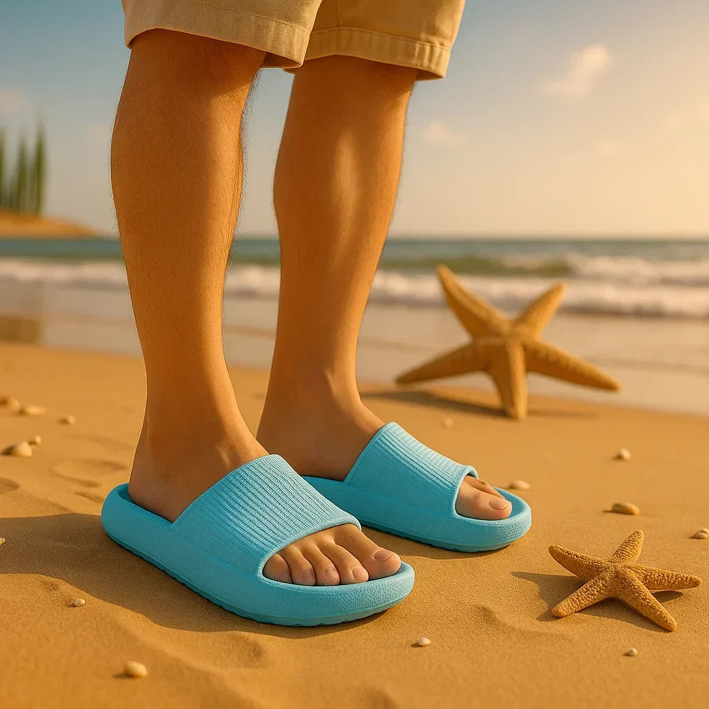 Platform slide slippers in light blue, worn on sand, front view