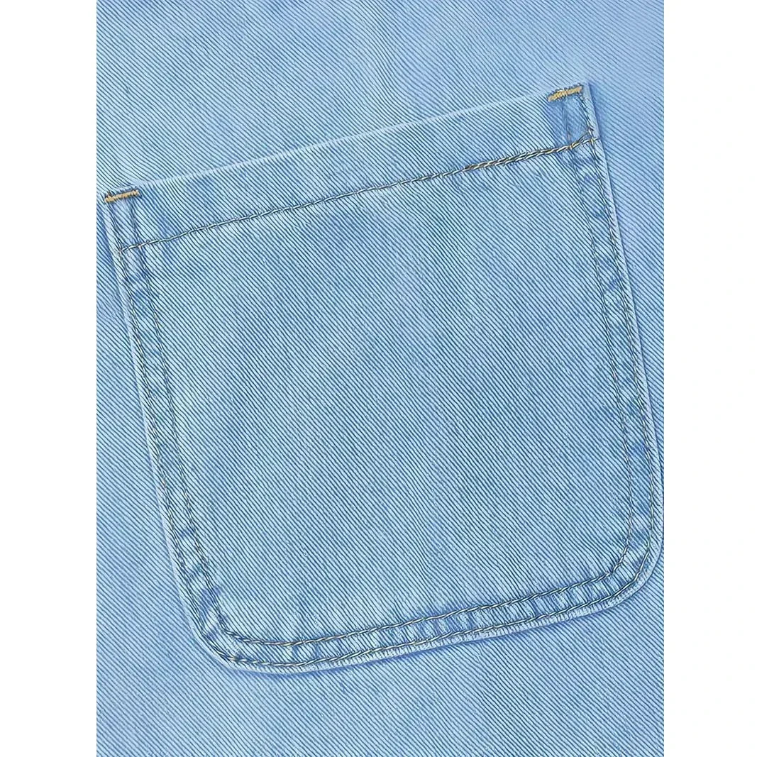 Saylor denim dress detail showing stitched patch pocket