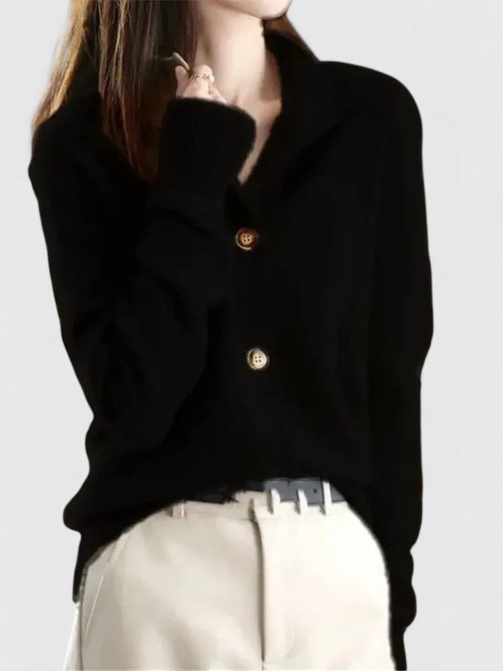 Mireille button-up cardigan in black, front view with collar worn open