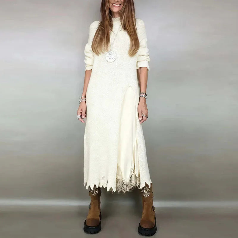 Evalina knit and lace two-piece set in apricot, full-length front view