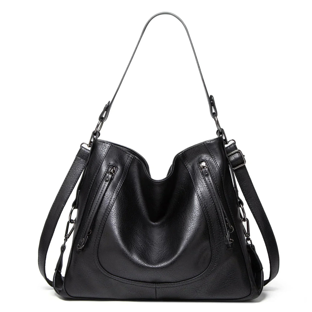 Junia everyday leather bag in black, front view