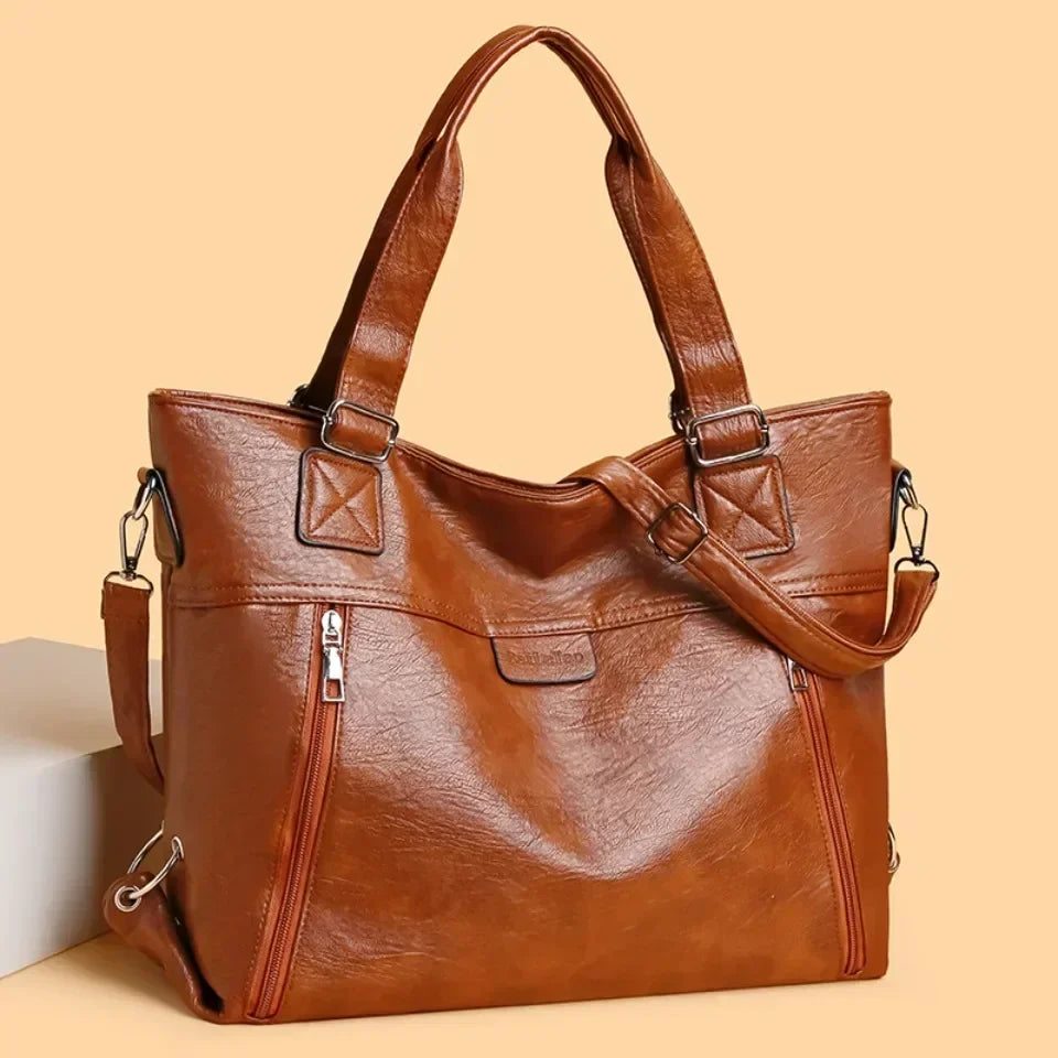 Retro shoulder tote bag in yellow brown, front view with twin handles