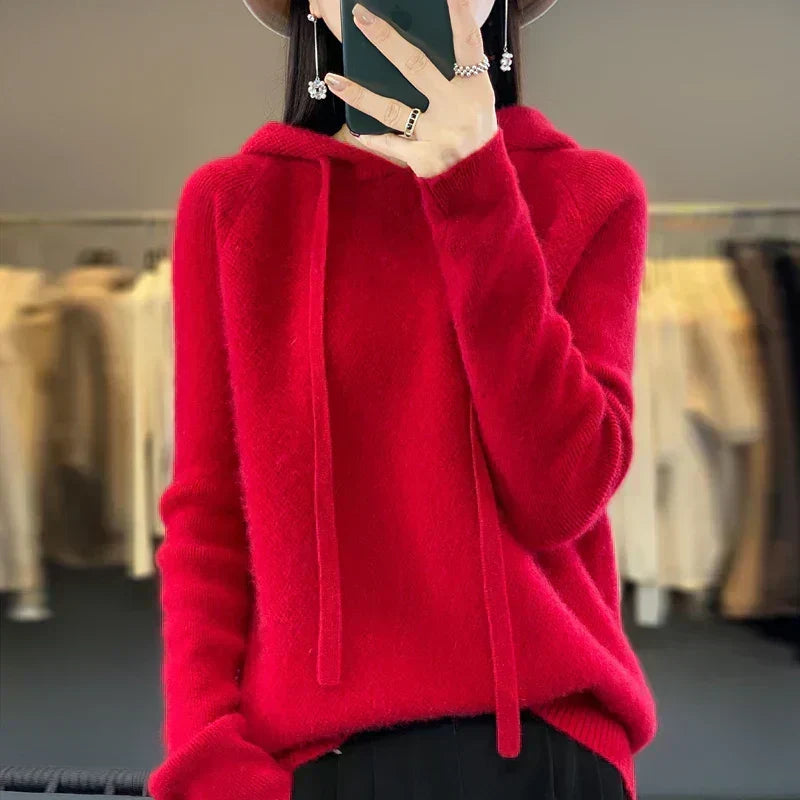 Nyelle knitted hoodie in red, front view