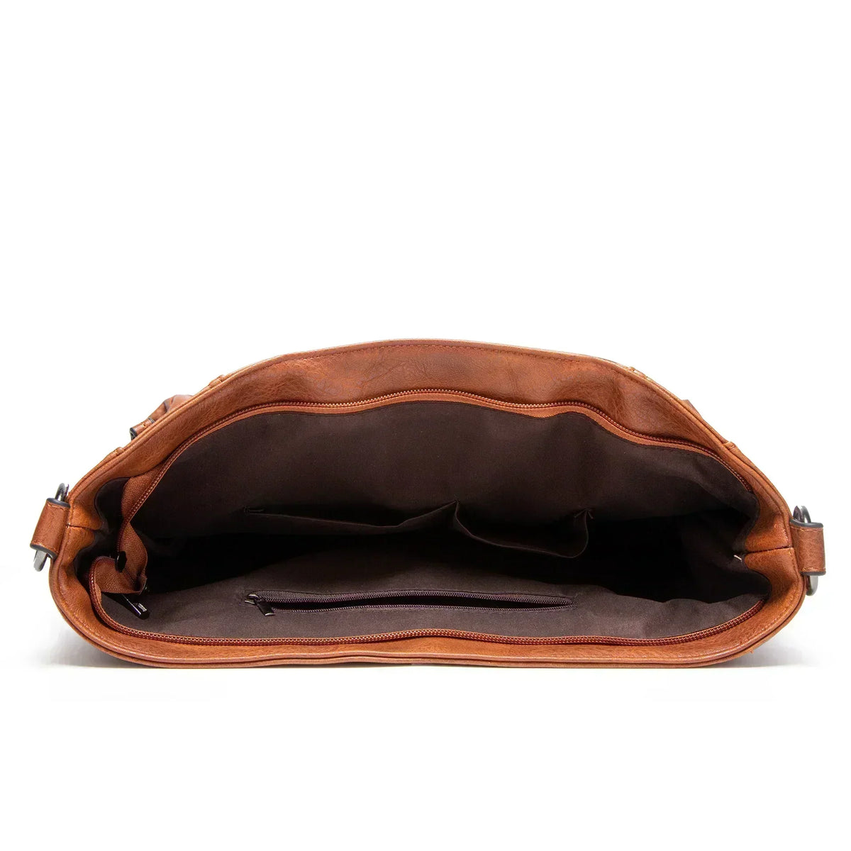 Junia everyday leather bag in brown, open interior view