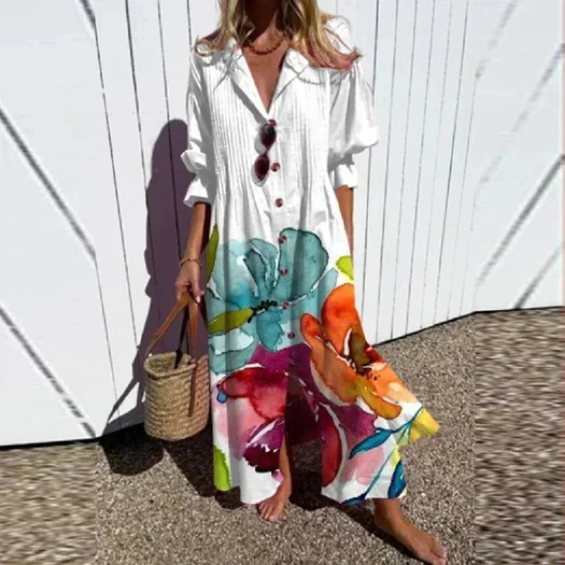 Rimmey boho dress in white with painted floral hem, full-length front view