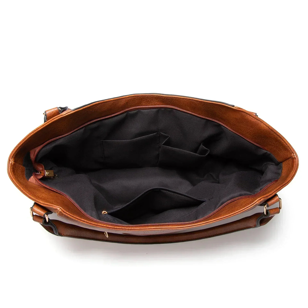Elowen leather tote bag in brown, open interior with pockets