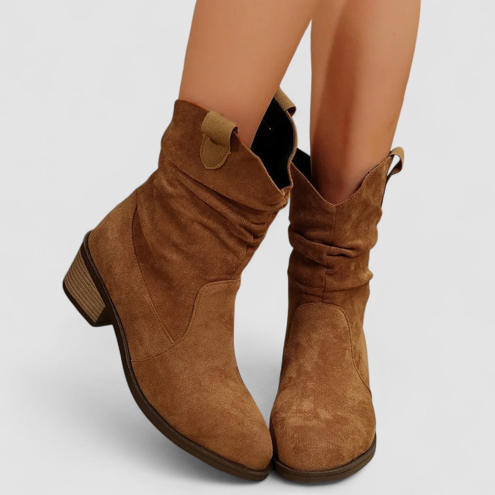 Cleo slouch western ankle boots in brown, front view on model