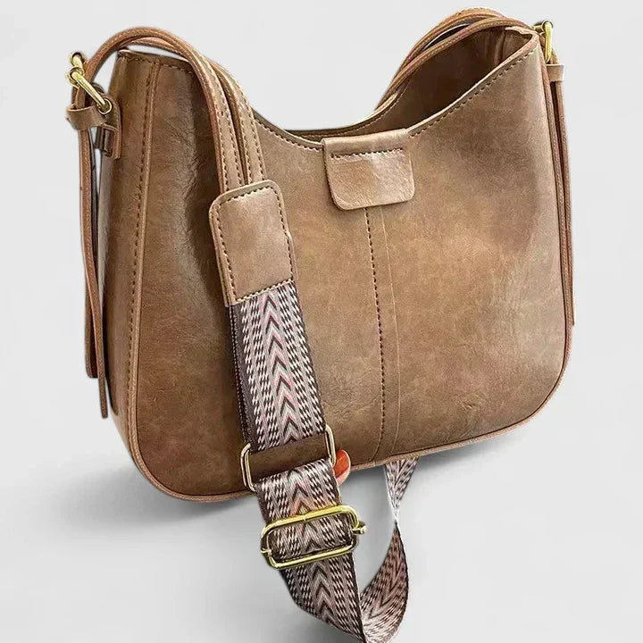 Verena shoulder bag in khaki with patterned strap, side angle