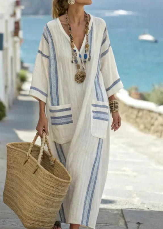 Vera striped maxi dress in blue and cream, close front view