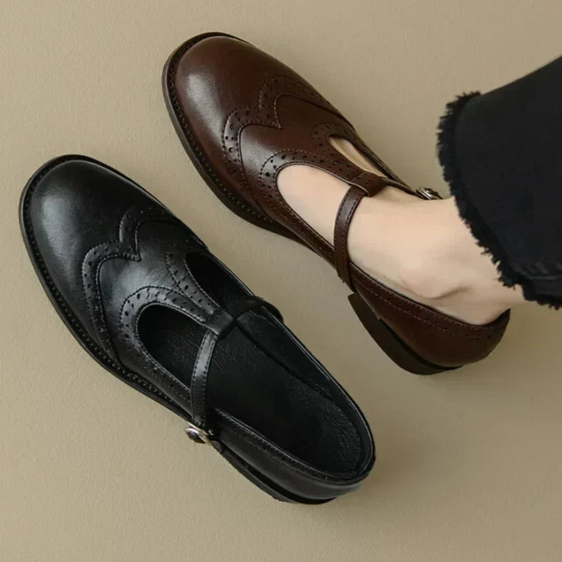 Miana T-strap Mary Janes in brown and black, top view