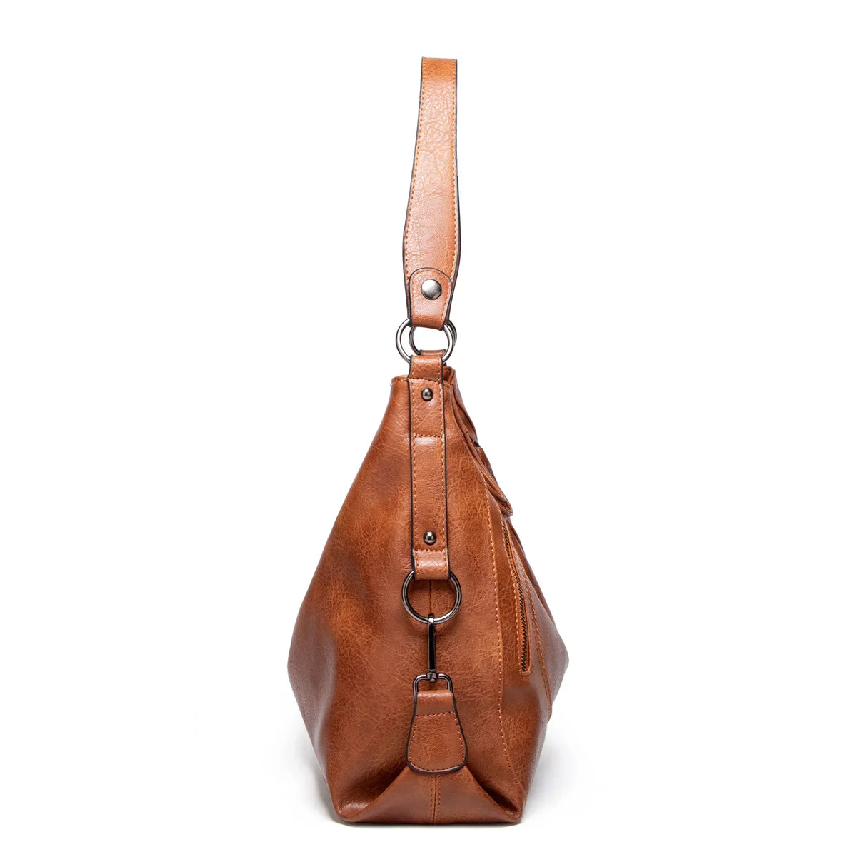 Junia everyday leather bag in brown, side profile view