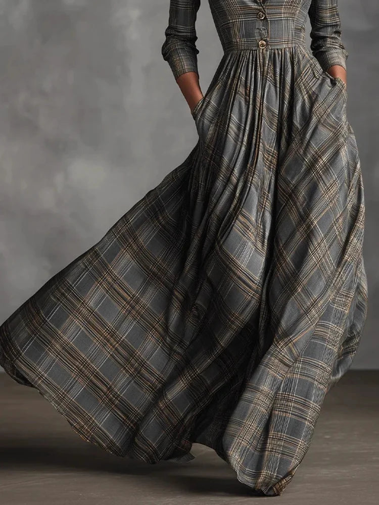 Audrey vintage dress in grey check, detail of gathered skirt and side pockets