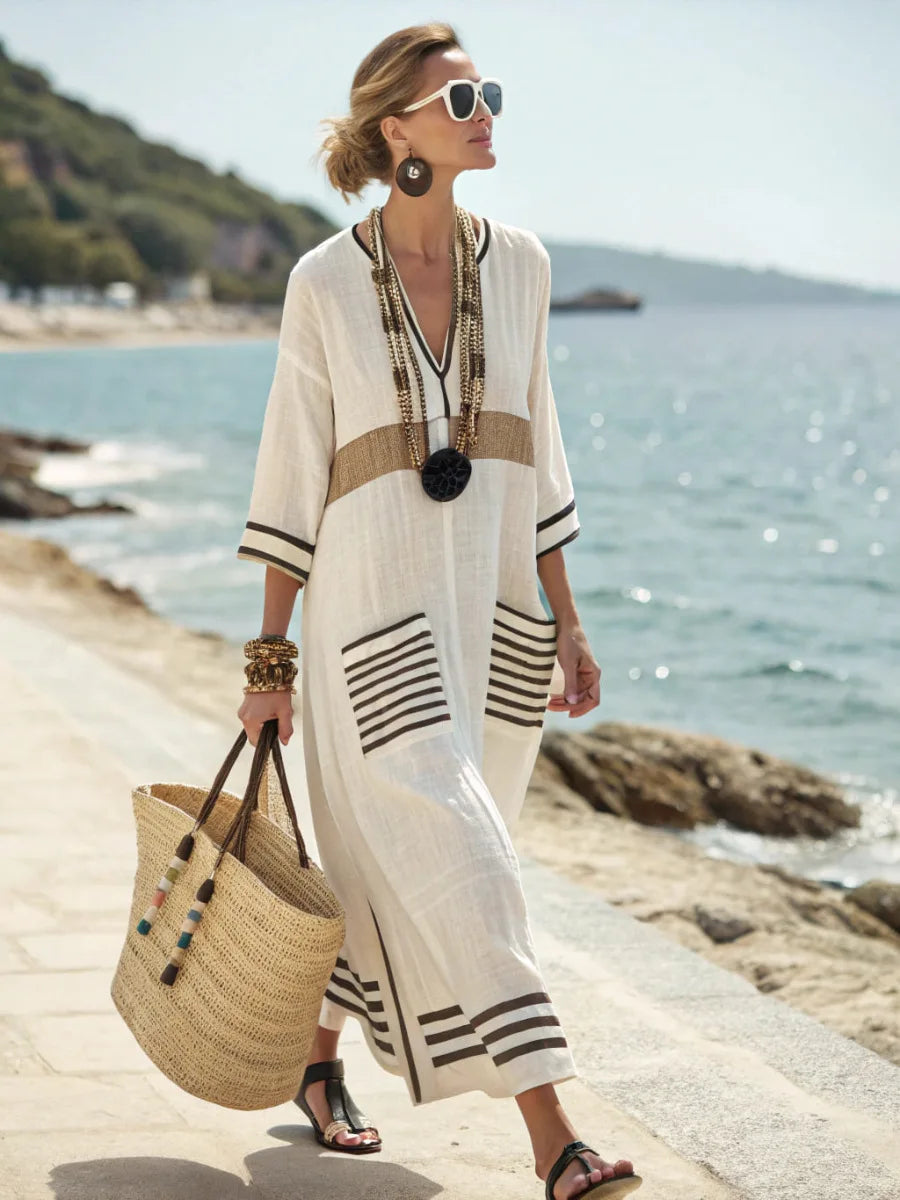 Vera striped maxi kaftan dress in cream with black and tan stripes, full-length front view
