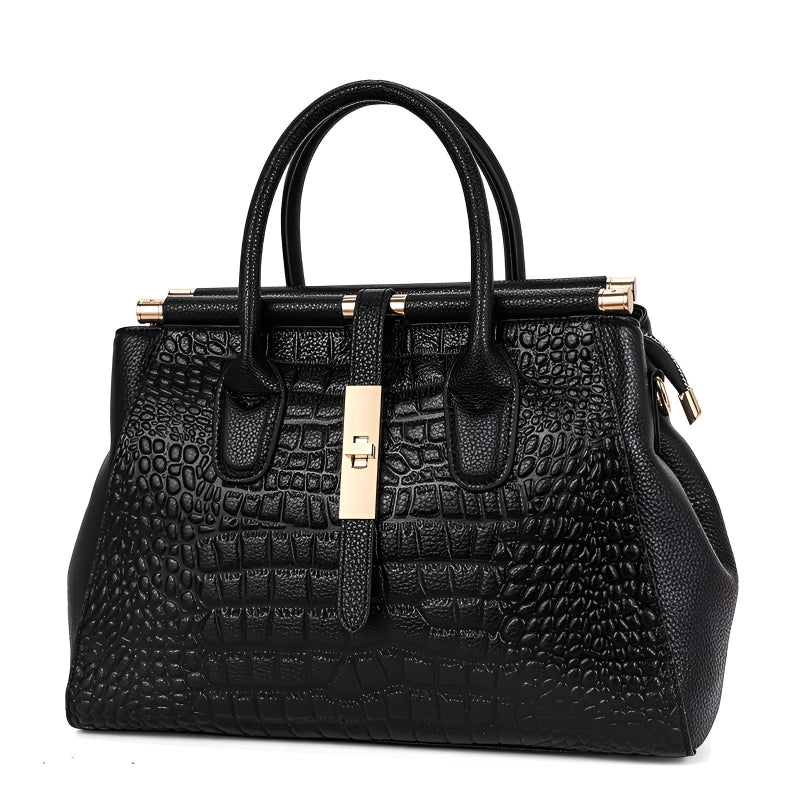 Aurelia croc handbag in black, three-quarter front view