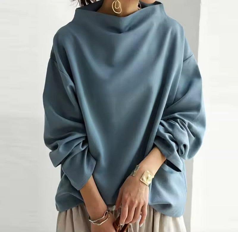 Elspeth high-neck casual top in blue, relaxed front view