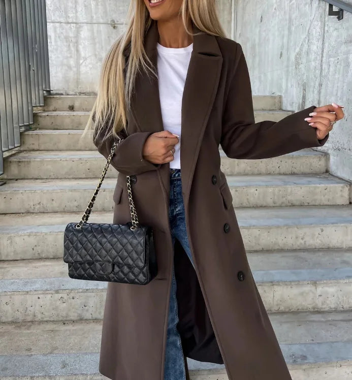 Gwyneth long lapel coat in dark brown, front view with button detail
