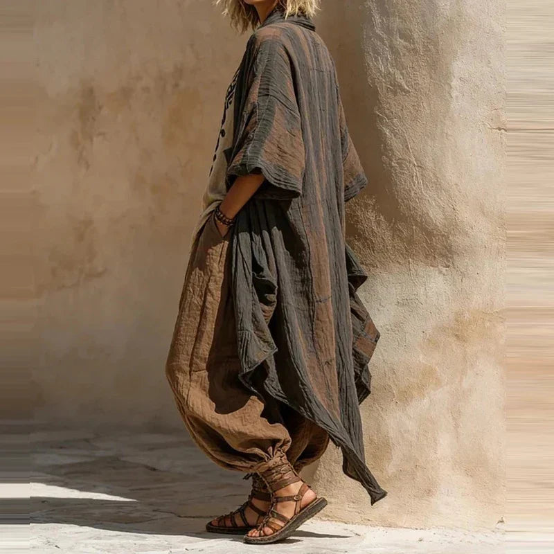 Florence three-piece linen set in camel, side view showing long cardigan