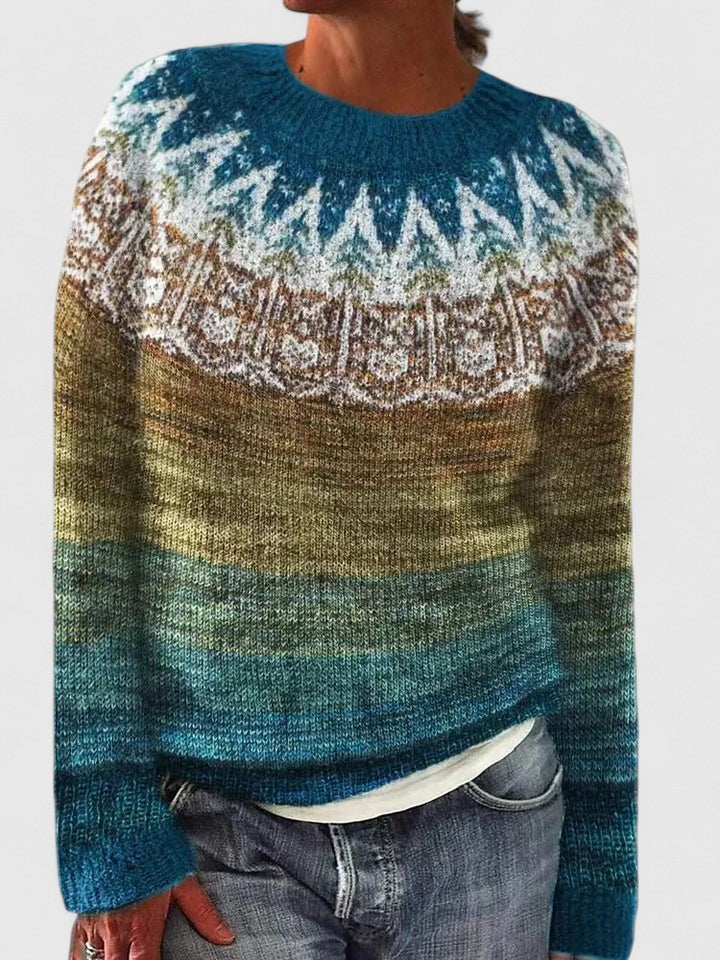 Elyvianne sweater in ocean blue and green, front view on model