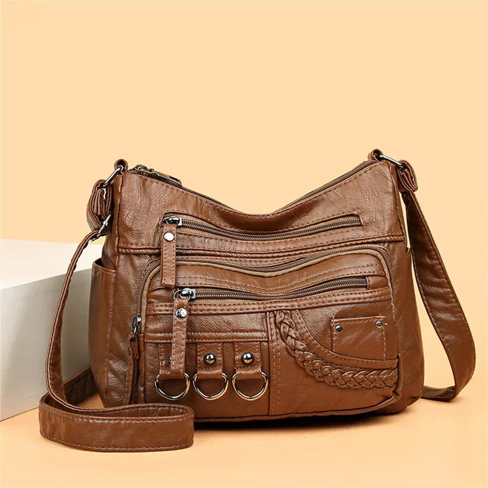 Olivia brown shoulder bag with adjustable strap, front view