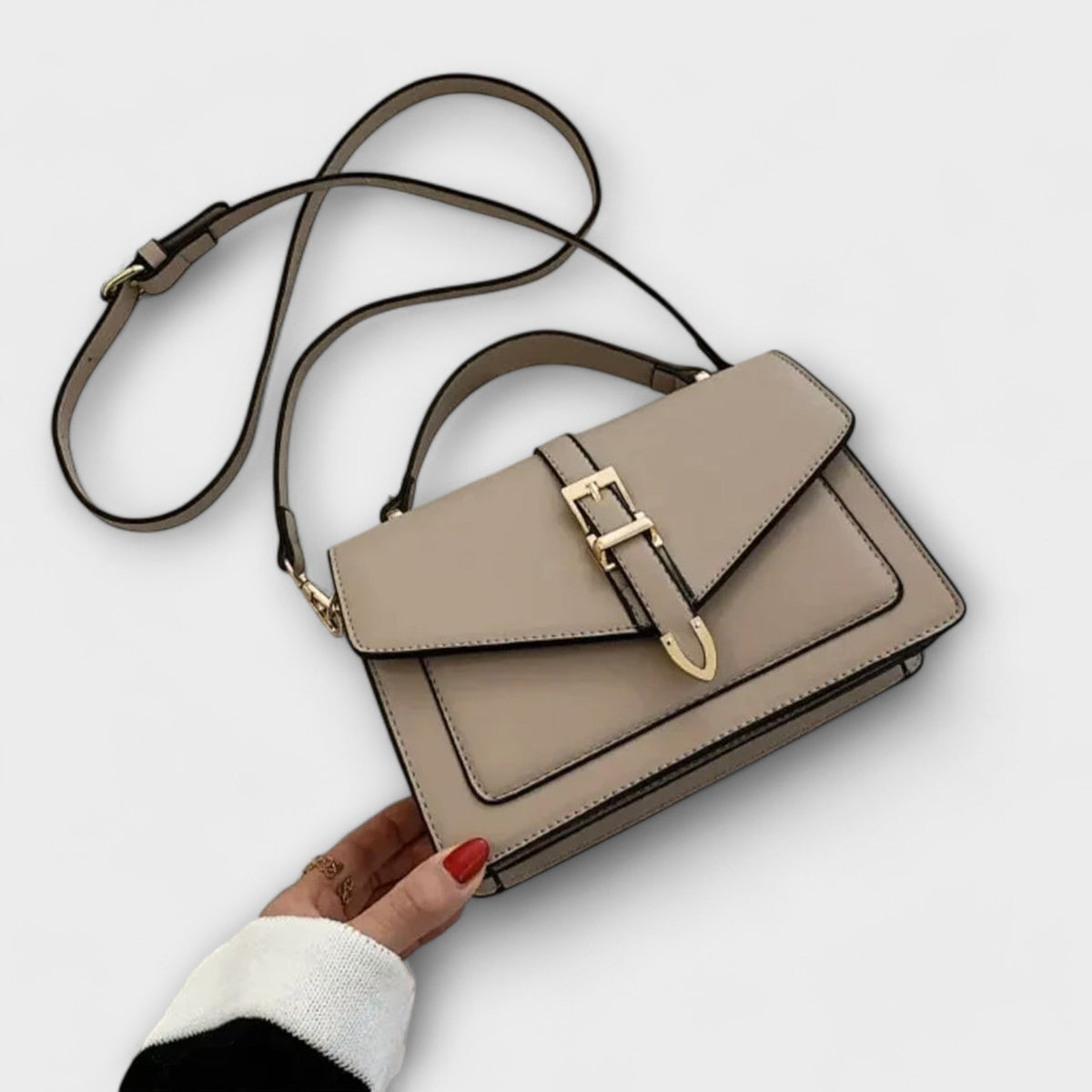 Olívia classic shoulder bag in khaki, front view with strap